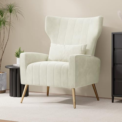 Nebuaegis Velvet Accent Chair Wingback for Living Room, High Back Arm Chair with Golden Legs Lumbar Pillow, Upholstered Single Sofa Bedroom Beige - color: Beige, size: Set of 1