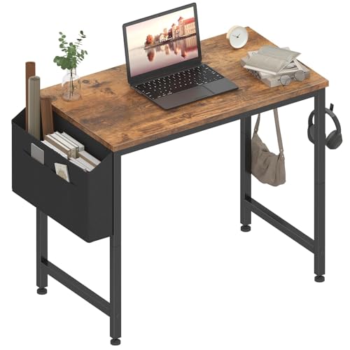 Lufeiya Small Desk for Small Spaces, 32 Inch Kids Girls Study Writing Desks for Bedroom, Simple Modern Laptop PC Little Side Table with Storage Bag Headphone Hooks, Rustic Brown - color: Rustic Brown, size: 31"