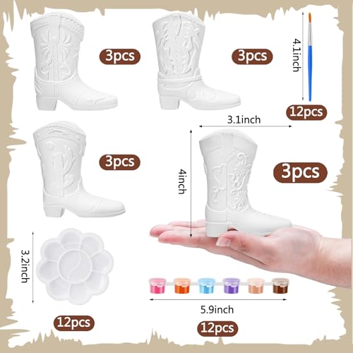 Affrolling 12 Set Cowboy Plaster Boot Vases Ceramics to Paint Ready to Paint DIY Unpainted Plaster Paintable Kit Contains Four Different Styles of Vases with Brush Palette for Adults - style: Plaster Boots