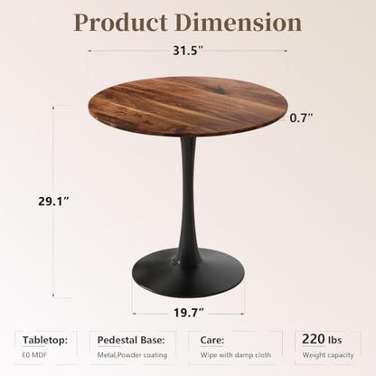 80.9cm(31.5인치) 원형 식탁, 금속 받침대 베이스가 있는 중세 튤립 테이블, 좁은 공간의 주방 다이닝 룸을 위한 현대적인 레저 테이블, 쉬운 조립, 월넛 및 블랙 - color: 블랙/월넛., size: 31.5 Inch