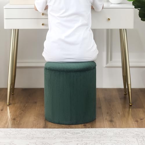 Round Storage Ottoman with Tray Lid | Upholstered Vanity Stool for Makeup, Ottomans Coffee Table, Small Foot Rest for Living Room Bedroom - color: Dark Green - Upgrade Taray Lid
