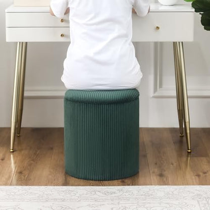 Round Storage Ottoman with Tray Lid | Upholstered Vanity Stool for Makeup, Ottomans Coffee Table, Small Foot Rest for Living Room Bedroom - color: Dark Green - Upgrade Taray Lid