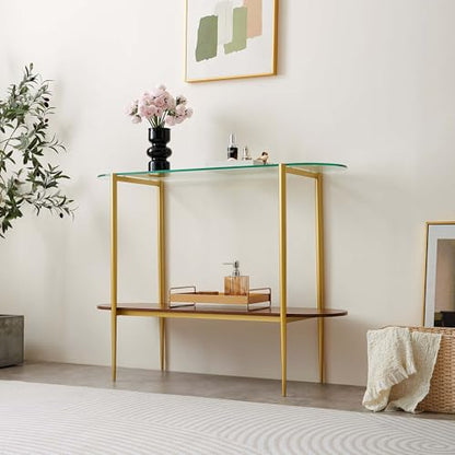 LumFurn Oval Glass Console Table for Living Room, Foyer & Entrance, 2-Tiers Mid-Century Modern Sofa Table with Clear Glass Top, Walnut Finish Wood Shelf and Gold Finish Frame - color: Oval L40.9" Clear & Walnut