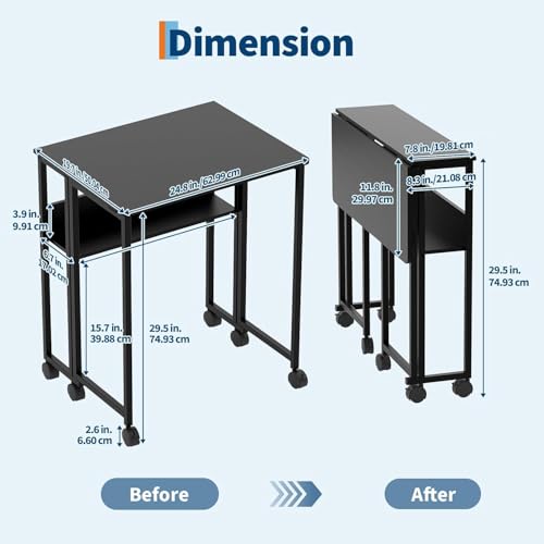 Folding Desk Small Rolling Desk with Storage Shelf,24.8 Inch Foldable Computer Table with Wheels,Portable Office Desk for Small Space Sofa Table,Easy to Fold,Writing Work Office Computer Desk,Black - color: 24.8" Black