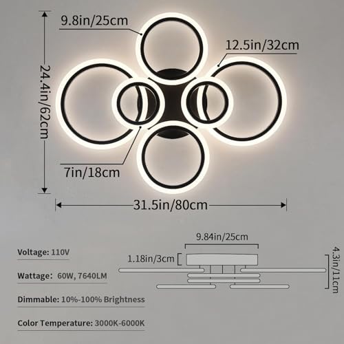 Shine LUEST 6 Rings Black Modern LED Ceiling Light Fixture, Flush Mount Ceiling Light with Remote Dimmable Brightness, Adjustable 3000-6000K Color Temperature, Timer for Living Room, Bedroom - color: Black, 6 Rings