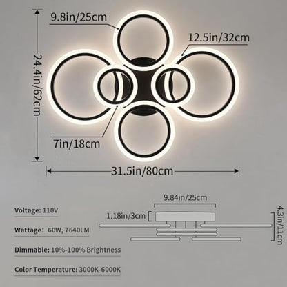 Shine LUEST 6 Rings Black Modern LED Ceiling Light Fixture, Flush Mount Ceiling Light with Remote Dimmable Brightness, Adjustable 3000-6000K Color Temperature, Timer for Living Room, Bedroom - color: Black, 6 Rings