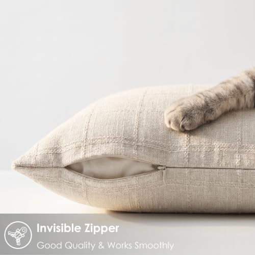 Linen Burlap Textured Pillow Covers 18x18 Inch Beige Set of 2 | Plaid Pillow Covers with Hidden Zipper,Soft Farmhouse Cushion Covers for Couch Sofa Living Room Bedroom,Machine Washable - color: Beige, size: 18" x 18" (Pack of 2)