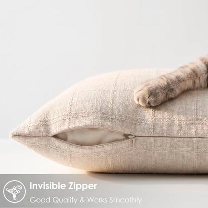 Linen Burlap Textured Pillow Covers 18x18 Inch Beige Set of 2 | Plaid Pillow Covers with Hidden Zipper,Soft Farmhouse Cushion Covers for Couch Sofa Living Room Bedroom,Machine Washable - color: Beige, size: 18" x 18" (Pack of 2)