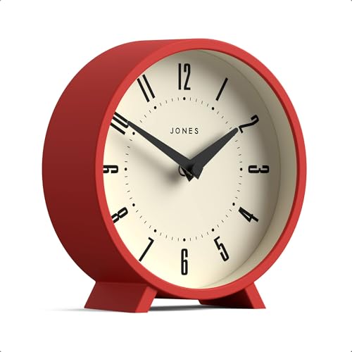 JONES CLOCKS® Venus Desk Clock | Modern Round Design | Red | Stylish Retro Look for Shelf, Table, Mantel or Bedside - color: Engine Red