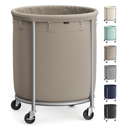 SONGMICS Laundry Basket, Rolling Steel Frame with 2 Locking Wheels, 190 L | Heavy-Duty Laundry Hamper Cart with Removable Bag, Camel Brown and Metallic Silver, URLS001N01 - color: Camel Brown + Metallic Silver, size: 190 L (1-Section)