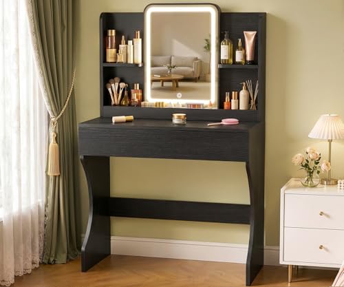 White Small Vanity Desk with Mirror and 3 Adjustable Light Modes | Dimmable Lighting, Multi Storage Area, Quick Assembly, CARB P2 Certified Material - color: Black
