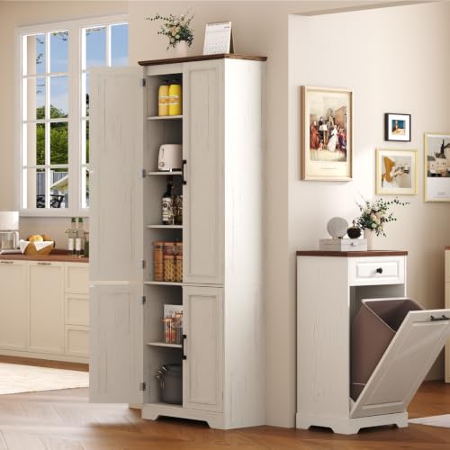 Function Home 182.9cm(72인치) 주방 식료품 저장실 캐비닛, 문과 조절 가능한 선반이 있는 톨 우드 팜하우스 보관 캐비닛, 주방 다이닝 거실 욕실용 6단 독립형 찬장, 앤티크 화이트 - color: 앤티크 화이트, size: 24"Wx11.81"Dx72"H