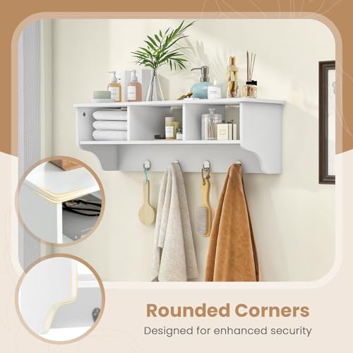 RELAX4LIFE Coat Rack Wall Mount with Shelf, 31’’ Wood Hanging Shelf with Storage, 3 Cubby Compartment & 4 Hooks for Entryway Bathroom Kitchen, Wall Mounted Floating Shelf with Hooks (White) - color: White