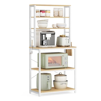 VASAGLE Coffee Bar, 23.6 Inches 6-Tier Baker's Rack with 6 Hooks | Modern Basic Microwave Stand, 23.6 x 15.7 x 65.7 Inches, Golden Oak and Cloud White, BARNET Collection UKKS024W09 - color: Golden Oak + Cloud White, size: 23.6"W, style: No Power Outlet