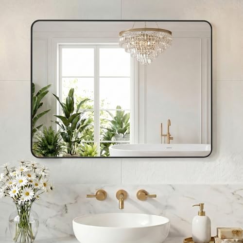 NEWBULIG Bathroom Mirror 30X40 Inch, Vanity Mirror for Wall | Rectangle Rounded Corners, Metal Frame Over Sink, Entryway Bedroom Hang, Horizontal or Vertical, Black - color: Black, size: 30"L x 40"W