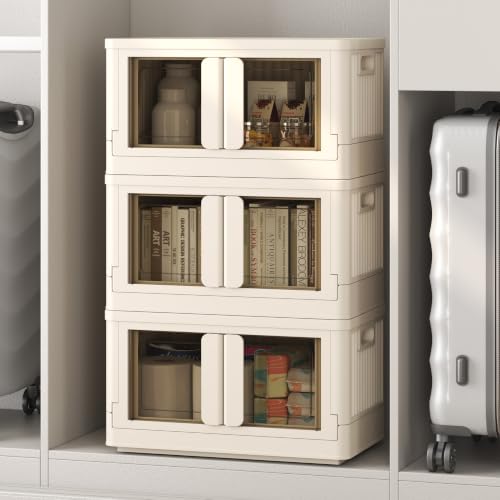FLEXIMOUNTS 110 QT Stackable Plastic Storage Bins With Lids, Milky White | Collapsible Foldable Storage Bins with Front Doors and Built-in Wheels, Organizers and Storage for Home, Dorm, 3 Pack Cubes - color: Milky White, size: 37 Qt-3 Pack