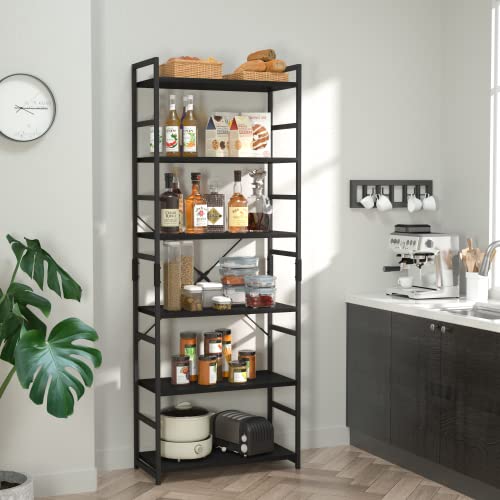 NUMENN 6 Tier Bookshelf, Tall Freestanding Open Storage Bookcase, Black | Storage Organizer with Metal Frame & Wood Shelves, Support Bars & Adjustable Feet for Bedroom, Living Room & Home Office - color: Black, size: 6 Tier