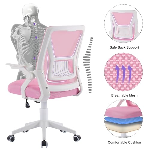 VECELO Mid-Back Swivel Ergonomic Office Chair with Adjustable Arms Mesh Lumbar Support for Computer Task Work, Pink - color: Pink