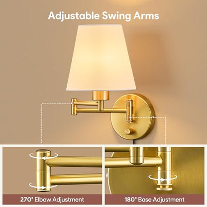 VONLUCE Wall Sconce Set of 2, Plug in & Swing Arm Wall Lamps, Gold Finish | Modern Wall Lights with White Fabric Shades, Plug in & Hardwired Wall Mounted Light for Bedside, Living Room, Hallway - color: Gold, size: 2 Pack