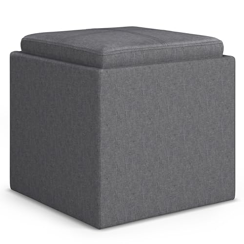 SIMPLIHOME Rockwood 17" Wide Vegan Leather Storage Ottoman in Saddle Brown | Slate grey, contemporary ottoman with flip-over tray top and hidden storage; cube storage bench for living room or bedroom. - color: Slate Grey