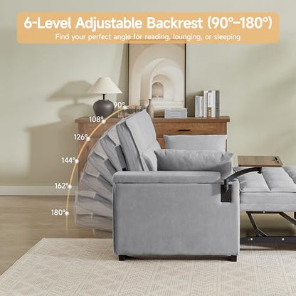 66" Multi-Functional Pull-Out Sofa Bed with Hidden Side Table, Storage Armrests, Built-in Charging Port, Spring Mattress, Solid Wood Frame – Ideal for Small Spaces, Easy Assembly - color: 1007-grey