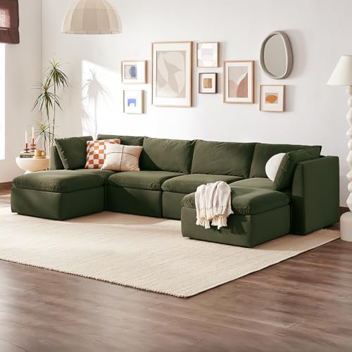 mopio Oversized Modular Sectional Sofa with Fully Removable Covers and Storage, Convertible U, L-Shaped and Sleeper Sectional, Modern Couches with Ottoman Chaise (Olive Green Velvet, 6 Seats, U) - color: [Gen 2] Olive Green Velvet, size: 6 Seats, U