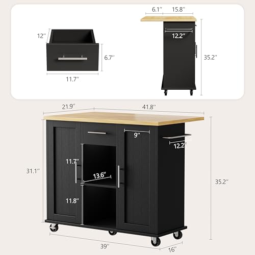 Shintenchi Kitchen Island with Storage, Bar Cart Cabinet Island Table on Wheels, Rolling Microwave Cart for Kitchen with Drop Leaf, Drawers, Towel Rack, Seating Area for Dining Room, Black - color: Black-42 Inch