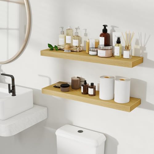 Fun Memories Floating Shelves for Wall, 30 Inch Set of 2 Rustic Wood Wall Shelves with Invisible Brackets, Heavy Duty Storage Display for Living Room Bedroom Kitchen, Oak - color: Oak, size: 30"W x 6.5"D, Set of 2