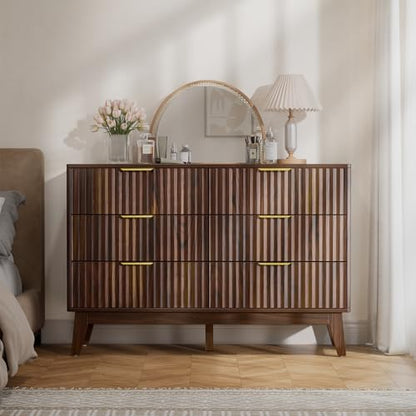 6-Drawer Dresser Fluted Drawers, Mid-Century, Walnut | 47.2"W x 15.4"D x 32.3"H, 130 lbs top / 40 lbs per drawer (7.7"H), 6 fluted drawers, gold handles, anti-tip straps - size: 15.4"D x 47.2"W x 32.3"H (6 Drawers)