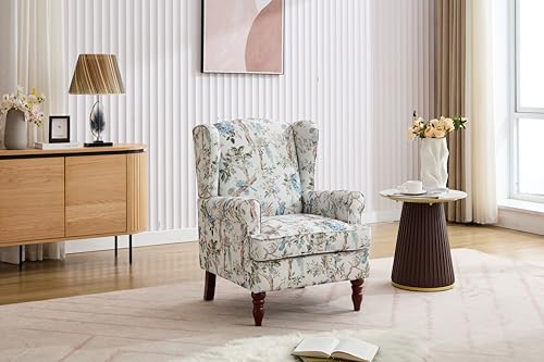 GDFStudio Modern Wingback Accent Chair with Solid Wood Legs and Cushion, Comfy Upholstered Floral Pattern Armchair, Retro Leisure Single Sofa Chair for Living Room Bedroom Home, Antique Blue 1 - color: Antique Blue 1