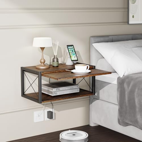 2-Tier Floating Nightstand, Wall Mounted Bedside Table, Wood Bedside Shelf Wall Mounted Nightstand, Floating Bedside Table Wall Shelf for Bedroom, Living Room, Kitchen, Office, Rustic Brown