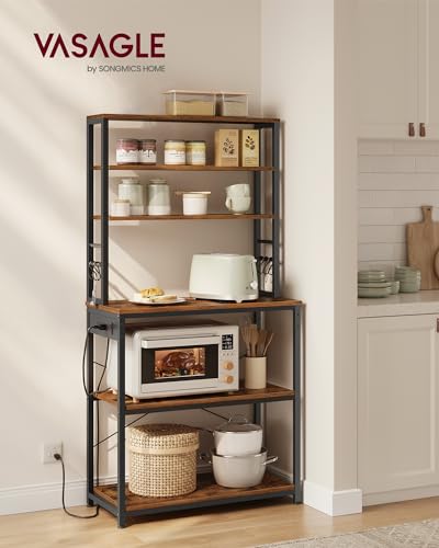 VASAGLE Bakers Rack with Power Outlet, 31.5 Inches Coffee Bar for Kitchen with Storage, 6-Tier Kitchen Shelves with 6 Hooks, Microwave Stand, Industrial, Rustic Brown and Ink Black UKKS119K01 - color: Rustic Brown + Ink Black, size: 31.5"W, style: With Po