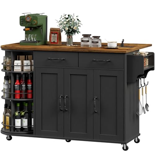 Kitchen Island with Power Outlet & Drop Leaf, Kitchen Rolling Island with Rotating Organizer, Kitchen Island Cart with Storage Cabinet, Mobile Island Table for Kitchen, Black and Rustic Brown - color: Black + Rustic Brown