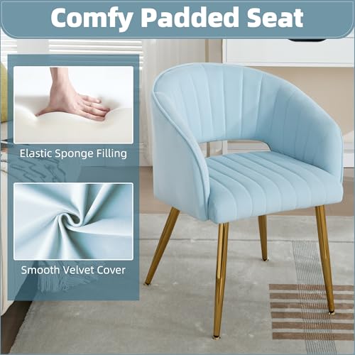 Velvet Home Office Desk Vanity Chair, No Wheels, Gold Legs, Light Blue | Modern Accent Chair with Stylish Stripe Design, Spacious‌ Soft Seat for Girls & Women Bedroom Makeup or Nail Table - color: Blue Velvet, No Wheels
