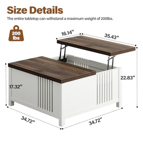 knoworld Farmhouse Lift Top Coffee Table with Storage, 35" Square Large Coffee Table with Hidden Compartment, Rustic Wood Center Table for Living Room, White
