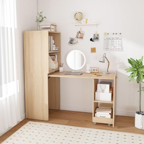 Natural Foldable Office Desk, Fold Out Convertible Hidden Murphy Computer Desk with Storage Shelves, Multi-Function Folding Writing Table for for Small Spaces, Home Office - color: Natural