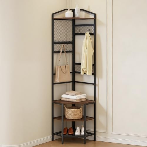 VEVOR Corner Hall Tree, 71.3 in Coat Rack with Hooks, Top Shelf & Steel Frame, Freestanding Clothes Shoes Rack Storage Organizer with Anti-Tip Set, Adjustable Non-Slip Feet for Entrance Closet Office - size: 16.9 X 16.9 X 71.3 in