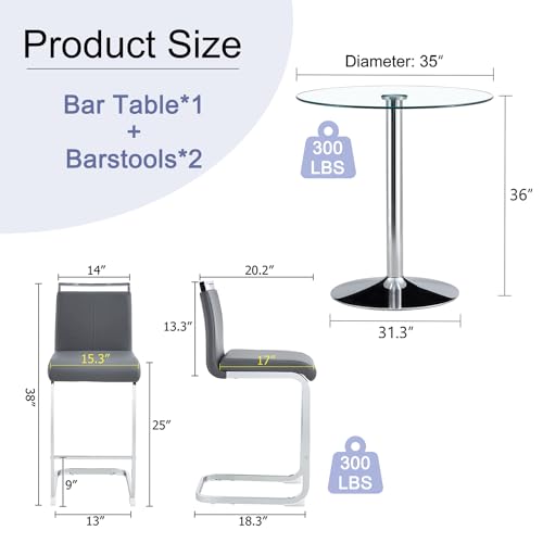 Bar Table and Chairs Set of 2,Round Counter Height Dining Table Set,35” Glass Round Bar Table Set with Grey Bar Stools,Sturdy Silver Chrome Base,Small Pub Table Set for Apartment,Kitchen(36" H - color: Silver&grey