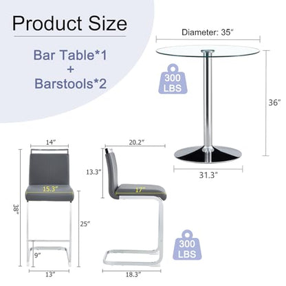 Bar Table and Chairs Set of 2,Round Counter Height Dining Table Set,35” Glass Round Bar Table Set with Grey Bar Stools,Sturdy Silver Chrome Base,Small Pub Table Set for Apartment,Kitchen(36" H - color: Silver&grey