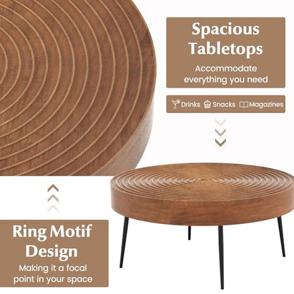 Giantex Boho Round Coffee Table Set of 2, Sofa Side Nesting Table with Solid Pine Wood Top, Metal Legs & Adjustable Foot Pads, 31.5" D Large Table Set for Living Room (Ring Pattern, Brown) - color: Brown, style: Ring Pattern