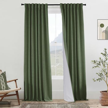Olive Green Linen Blackout Curtains 84 Inches Long, Dark Green Thermal Insulated Black Out Drapes, Pleated Moody Curtains for Bedroom Living Room 2 Panels Set - color: Olive Green, size: 50"W x 84"L (Pack of 2)