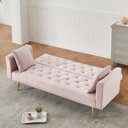 71" Modern Velvet Sofa Bed Futon, Convertible Sleeper Couch, Adj. Backrest | Tufted Recliner Loveseat Design with Golden Chrome Legs & 2 Pillows, Perfect for Small Spaces, Living Room, Apartment - color: Pink