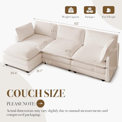 ROWHY 112'' Modular Sectional Cloud Couch with Movable Ottoman, 4 Seat Modern Chenille Sofa, Deep Seat L Shaped Couch for Living Room Bedroom Apartment,Cream White - color: Cream White, size: 112''