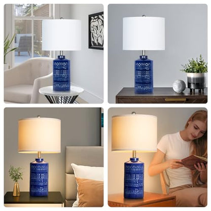 JUNNAI 24.5" Navy Blue Table Lamp Modern Bedside Ceramic Lamps for Living Room 3-Way Dimmable Entryway Nightstand Farmhouse Lamp for Home Office Bedroom, Bulb Included - color: Blue