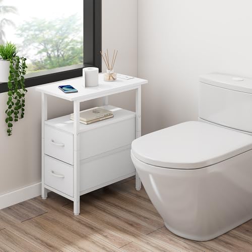 Set of 2 White Nightstand with Charging Station and LED Lights, Narrow Side Table, LED Night Stand with 2 Fabric Drawers, Bedside Table Small End Table, Tall Nightstand for Bedroom, White - color: White, size: 2, style: With LEDs