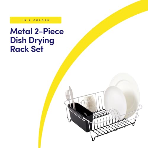 Sweet Home Collection 2 Piece Dish Drying Rack Set Drainer with Utensil Holder Simple Easy to Use Fits in Most Sinks, 14.5" x 13" x 5.25", Black - color: Black