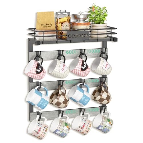 EsLuker.ly Coffee Mug Holder Cup Hanger Wall Mounted Display Rack | Metal Organizer with 12 Movable Plastic Hooks, Wood Rustic Shelf for Coffee Bar Home Kitchen, Thoughtful Wall Storage, Grey - style: 12 Movable Hooks Light Grey Style