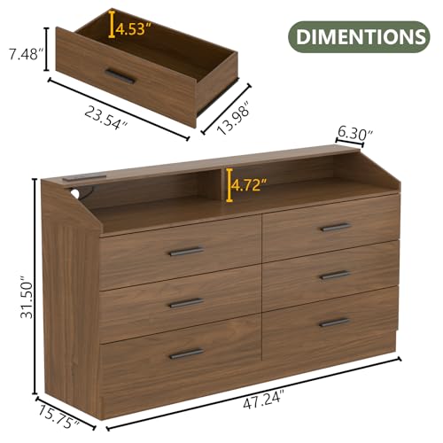 6 Drawer Dresser for Bedroom with Charging Station, Dresser with LED Light | Chest of Drawers for Closet, Modern Dressers with Open Storage Cubby, Double Wide Dressers - color: Walnut