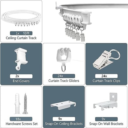 Ceiling Curtain Track, Flexible Bendable Curtain Track Wall Mount Room Divider Curved Ceiling Track System with Clips 10Ft Plastic Curtain Rails for Rv Shower Curtains - color: White, size: 10Ft