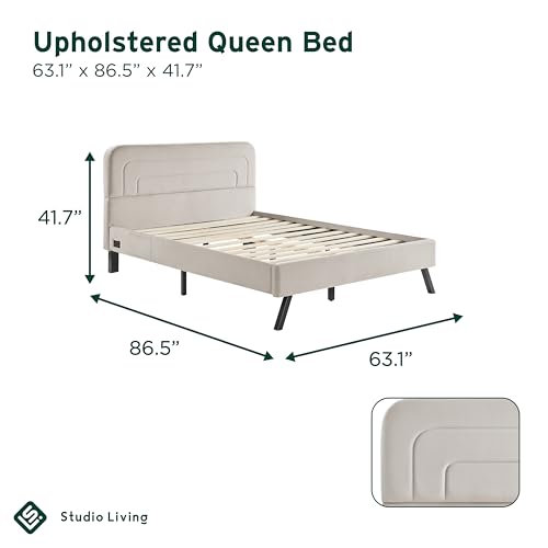 Studio Living® Adaline Upholstered Bed, Queen Size, USB A + C Power, Storage Sleeve, Velvet Fabric, Light Gray - color: Light Gray, size: Queen